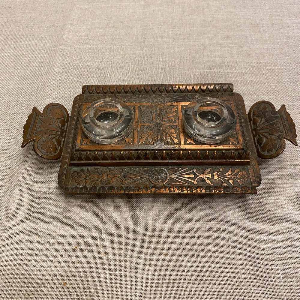 Brass stand with double glass inkwell.